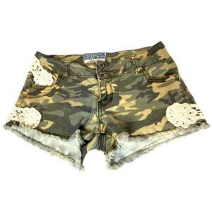 Vintage Hot Kiss Cut Offs Camouflage Cici Shorts W/ Crochet Lace Frayed Sz 9